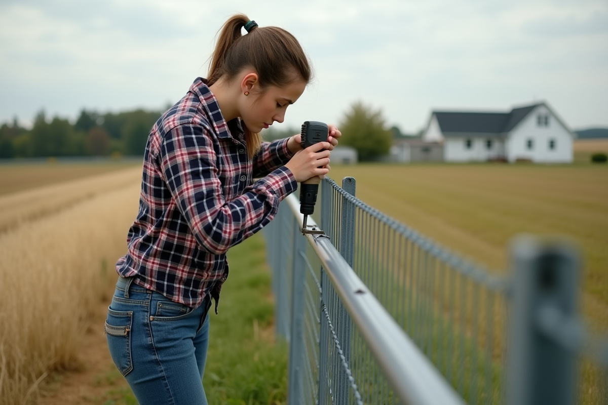 Jeune femme perçant une clôture métallique dans un champ rural