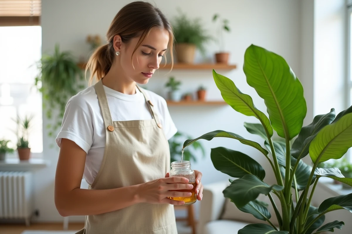Jeune femme installant un piège maison au vinaigre de cidre près d'un ficus lyrata dans un salon lumineux
