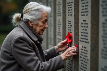 Femme âgée déposant une coquelicot sur un monument funéraire