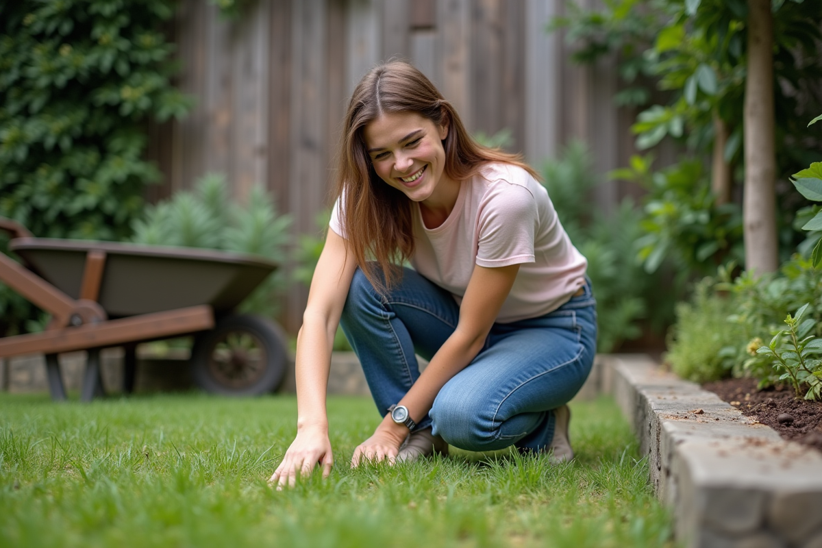 Jeune femme en denim plantant des graines dans un jardin urbain