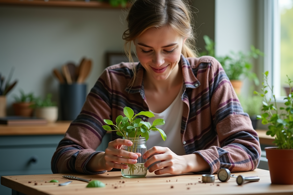 Femme plantant une petite plante dans un liquide de racines maison