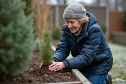 Femme en jardin plantant un buisson Geraldton Wax au printemps