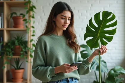 Femme avec plante verte dans un intérieur moderne