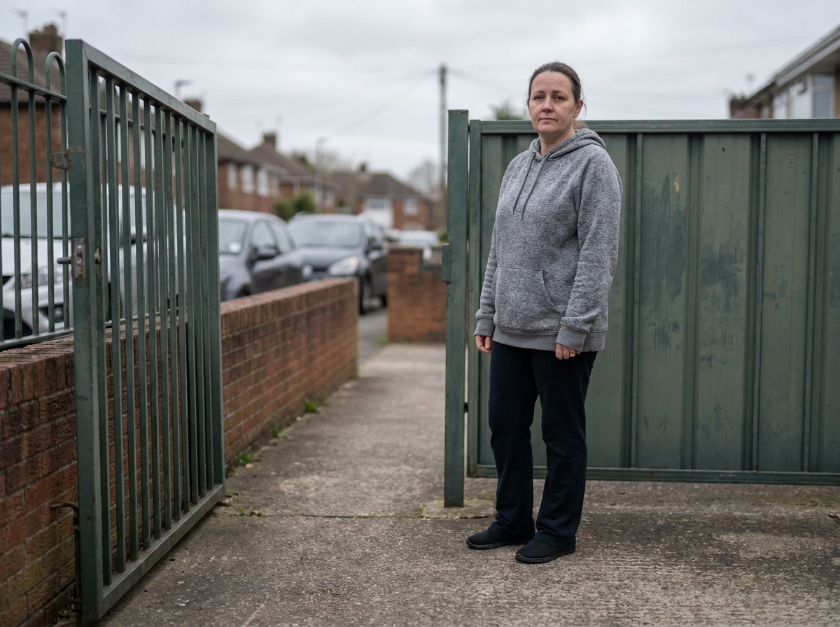 Femme devant un portail d'entrée désaligné par rapport aux panneaux de clôture métallique de sa propriété