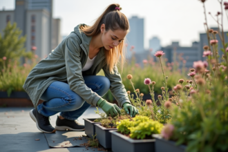 Jeune femme arrangeant des plantes sur un toit urbain