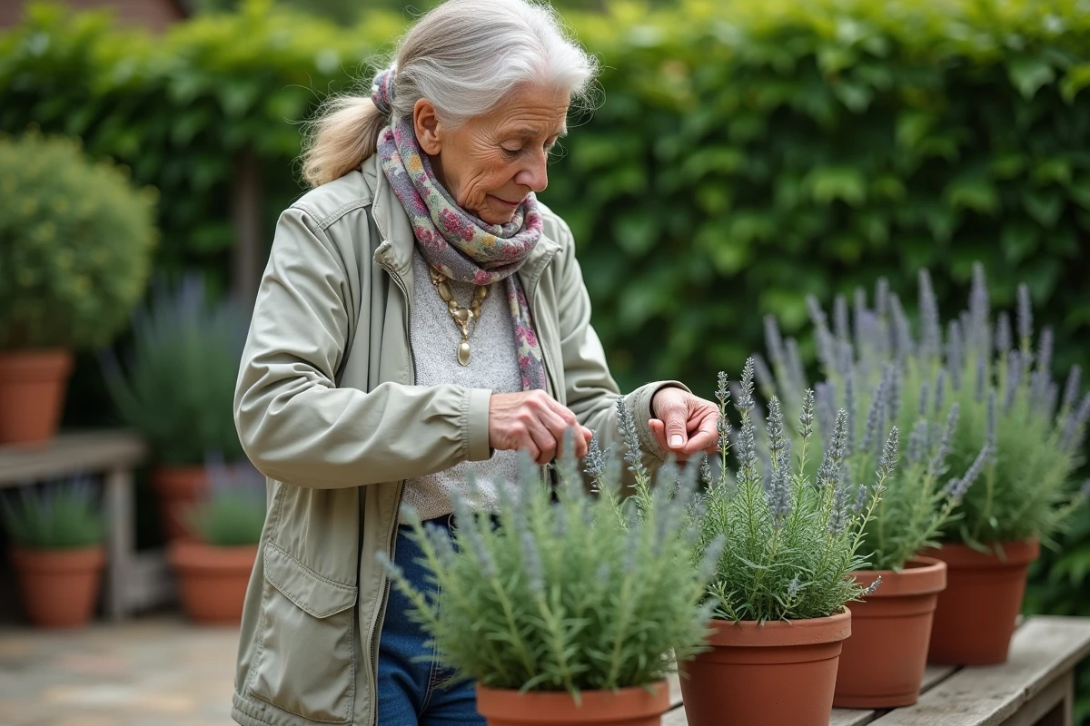 Femme âgée coupant des tiges de sauge dans le jardin