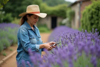 Femme en chapeau de paille taillant la lavande dans le jardin