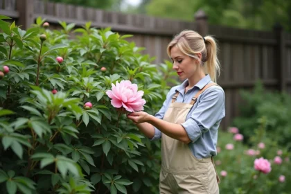 Femme taillant un pivoine dans un jardin fleuri