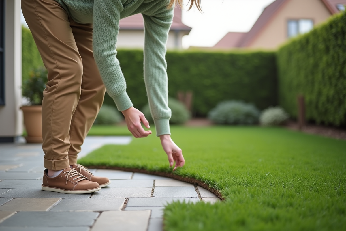 Femme inspectant la limite entre gazon et tapis