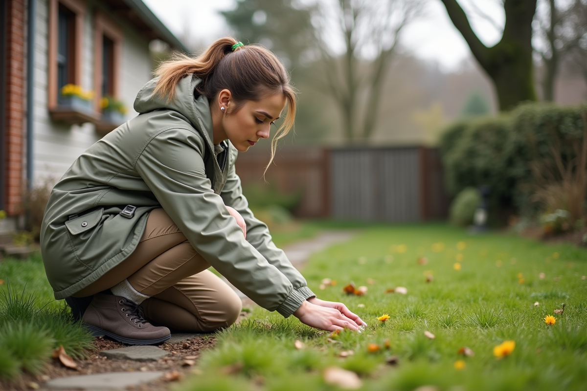 Femme vérifiant la croissance de la pelouse dans le jardin