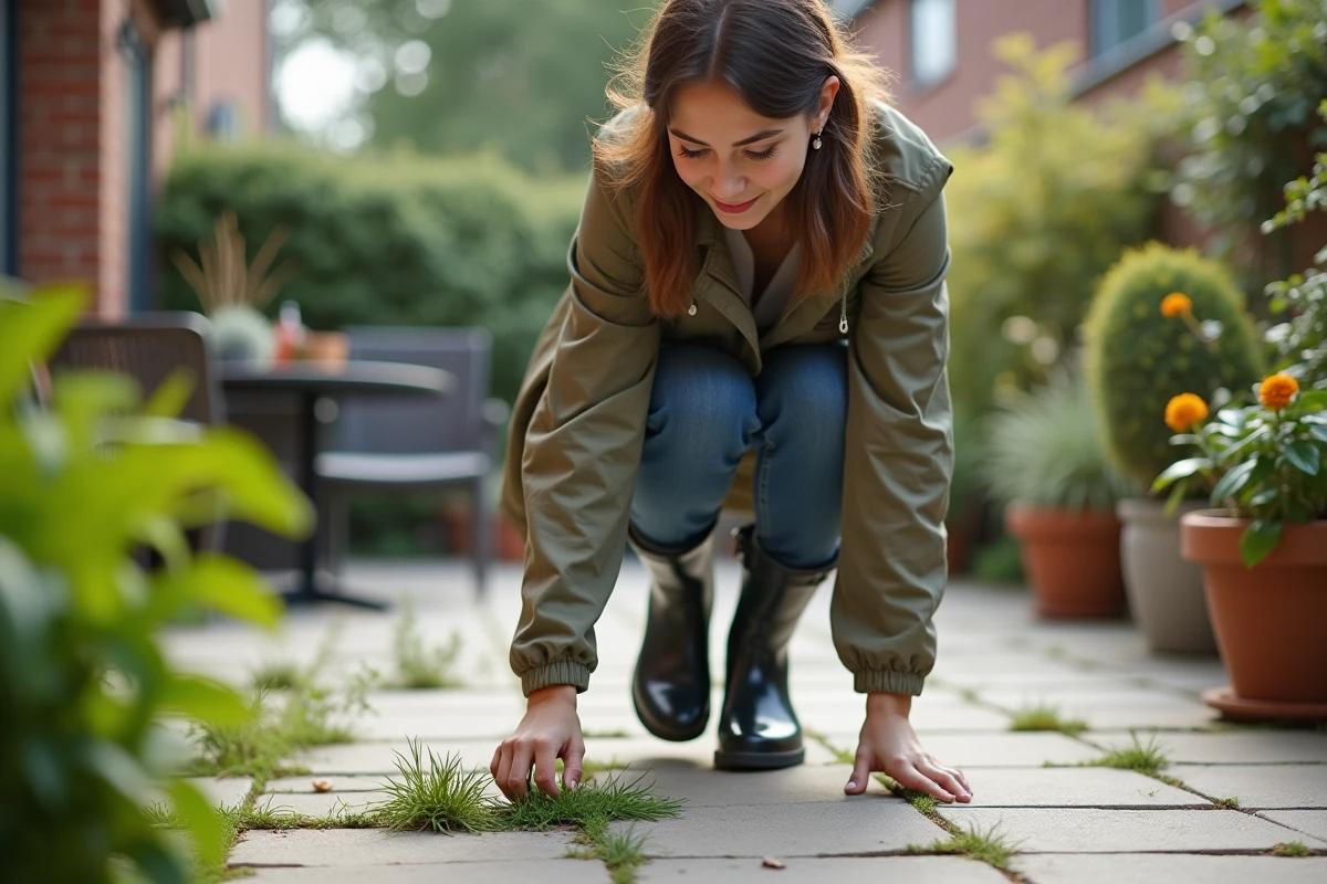 Jeune femme inspecte les mauvaises herbes sur le patio