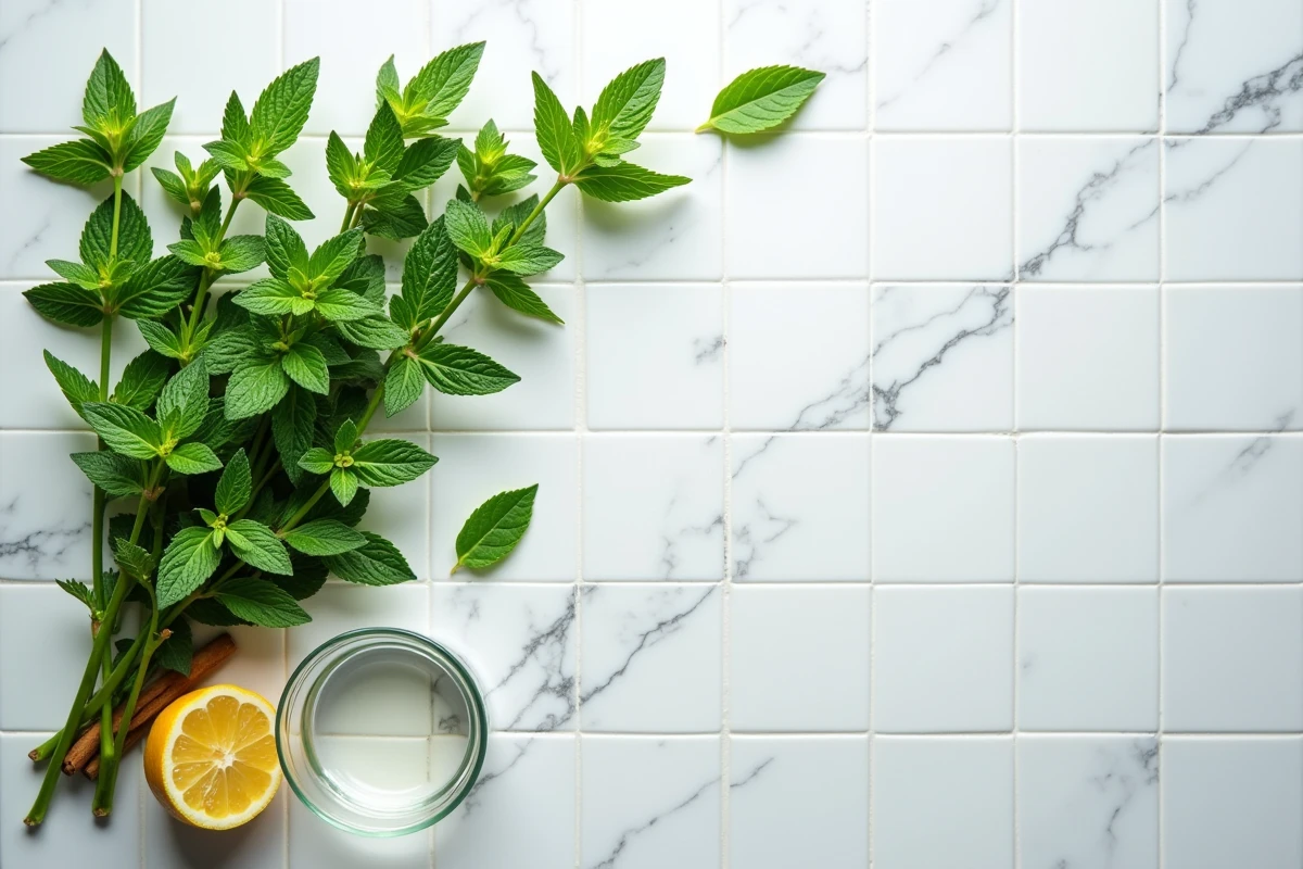 Vue de dessus de feuilles de menthe noircissantes sur un plan de travail en marbre avec remèdes naturels