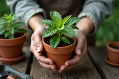 Mains tenant un pot de menthe aux feuilles qui noircissent sur une table de jardin en bois