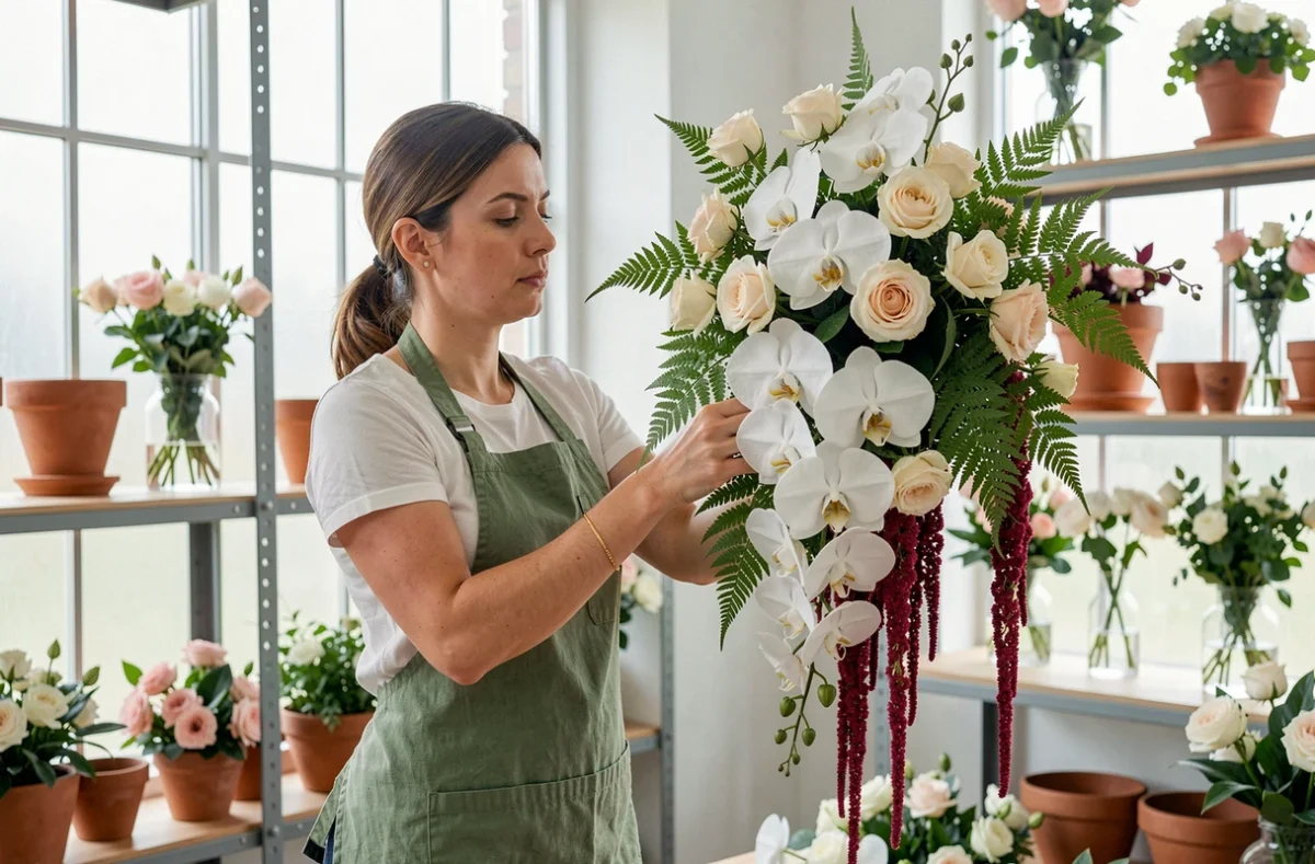 Fleuriste professionnelle assemblant un grand bouquet de mariée en cascade avec orchidées, roses et amarante dans son atelier