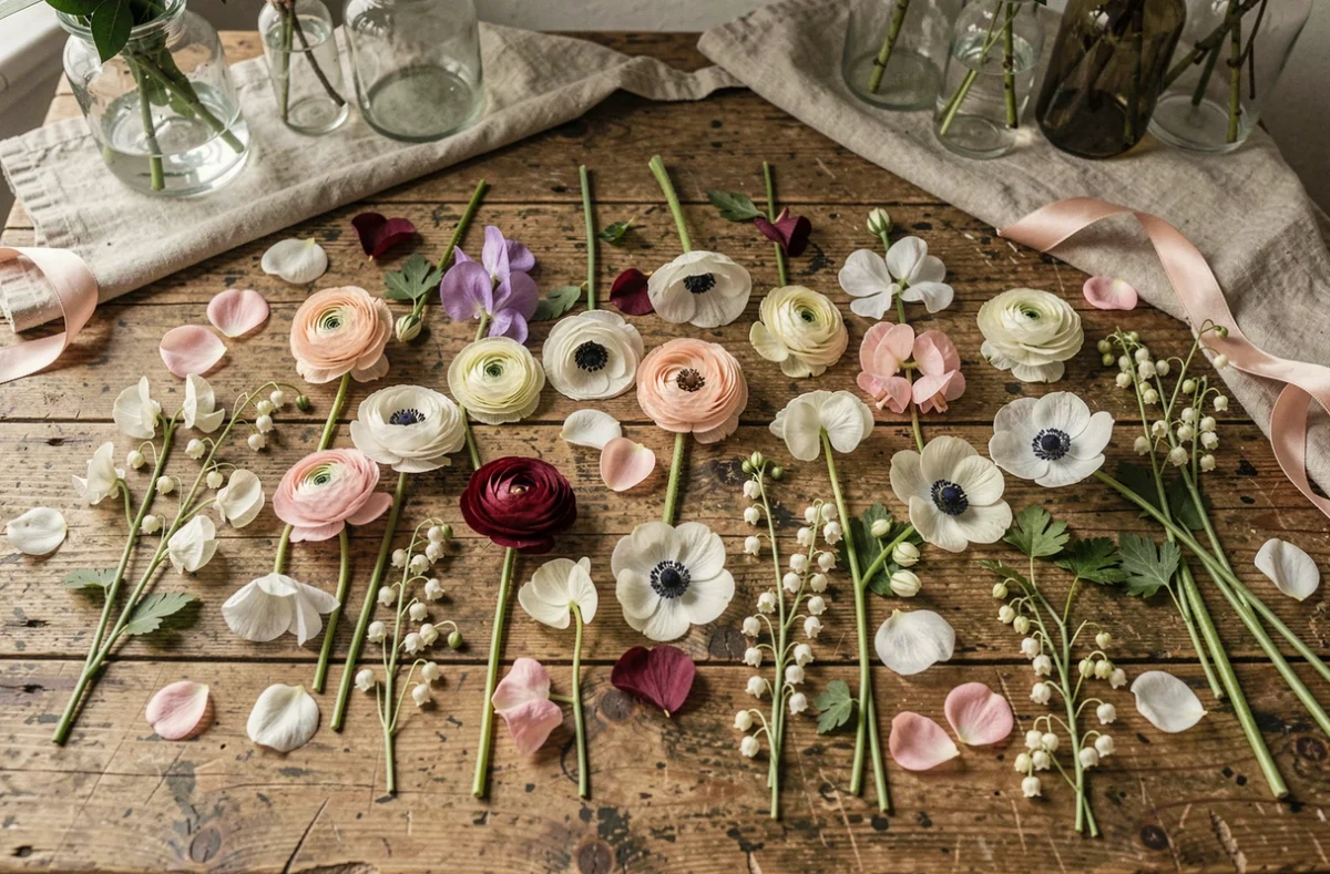 Vue du dessus d'une table de fleuriste avec des renoncules, anémones, muguet et jasmin disposés en composition florale pour mariage