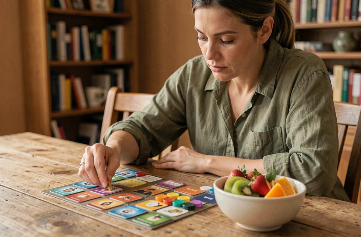 Femme préparant une partie de jeu de société avec un bol de fruits frais posé sur la table en bois