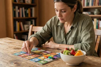 Femme préparant une partie de jeu de société avec un bol de fruits frais posé sur la table en bois