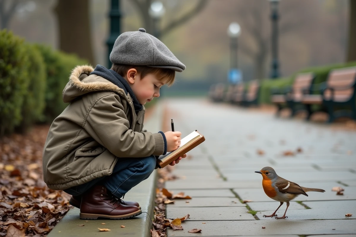 Jeune garçon dessinant un rouge-gorge dans un parc urbain
