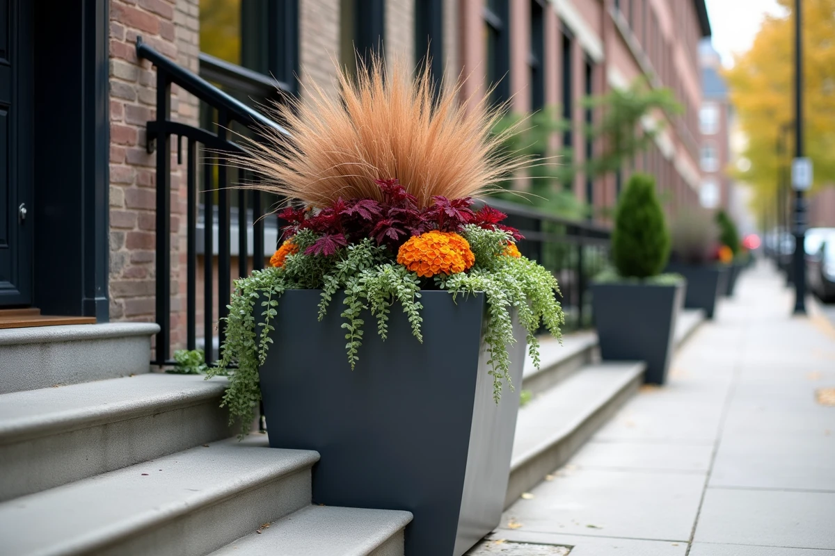 Grand pot extérieur anthracite 100 cm avec composition de graminées ornementales, heuchera et soucis à l'entrée d'une maison contemporaine