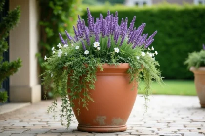 Grand pot de fleur extérieur de 100 cm en terre cuite avec composition luxuriante de lavande, lierre et cordyline sur terrasse en pierre