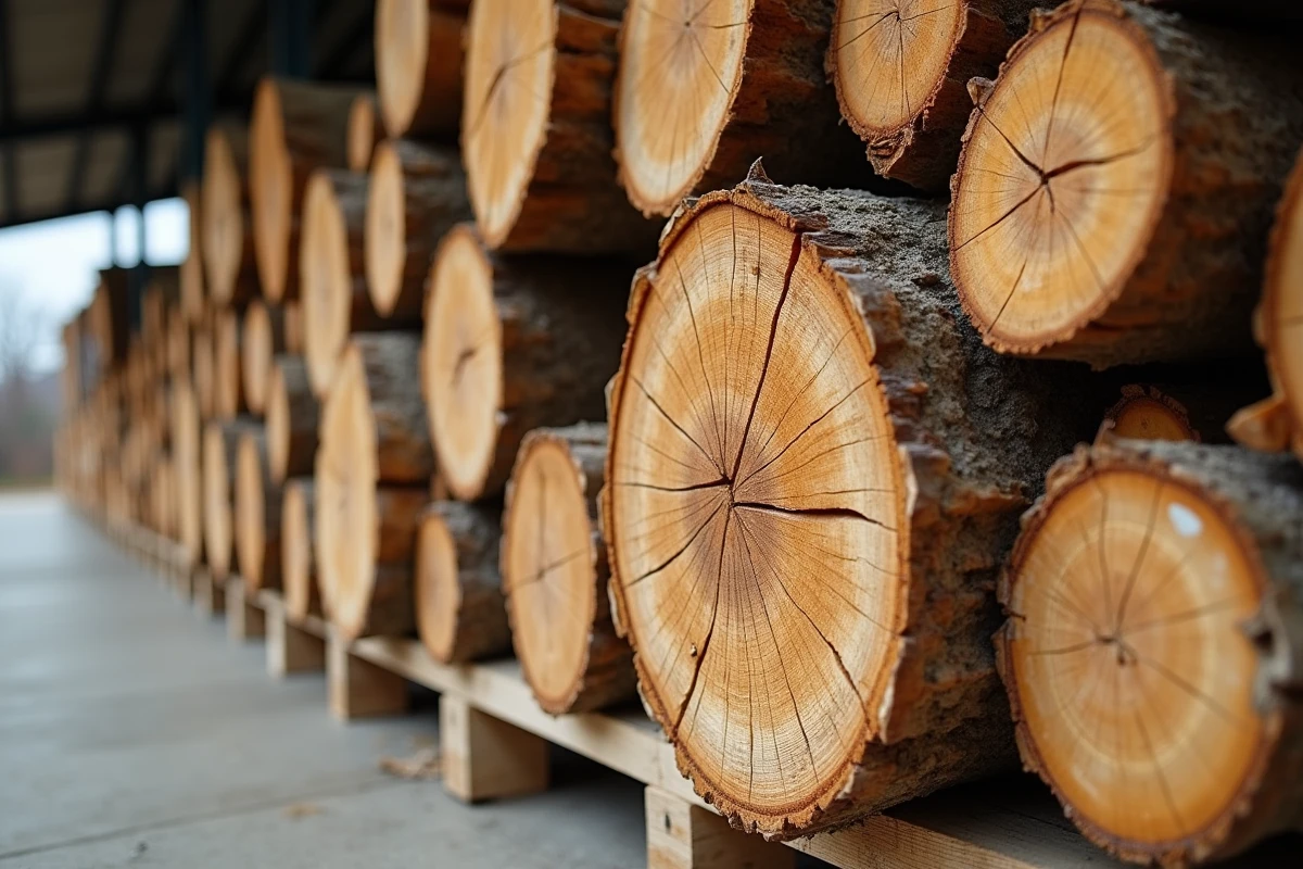 Gros plan sur des bûches de bois de chauffage en palette montrant la différence entre bois sec et bois humide au niveau du grain