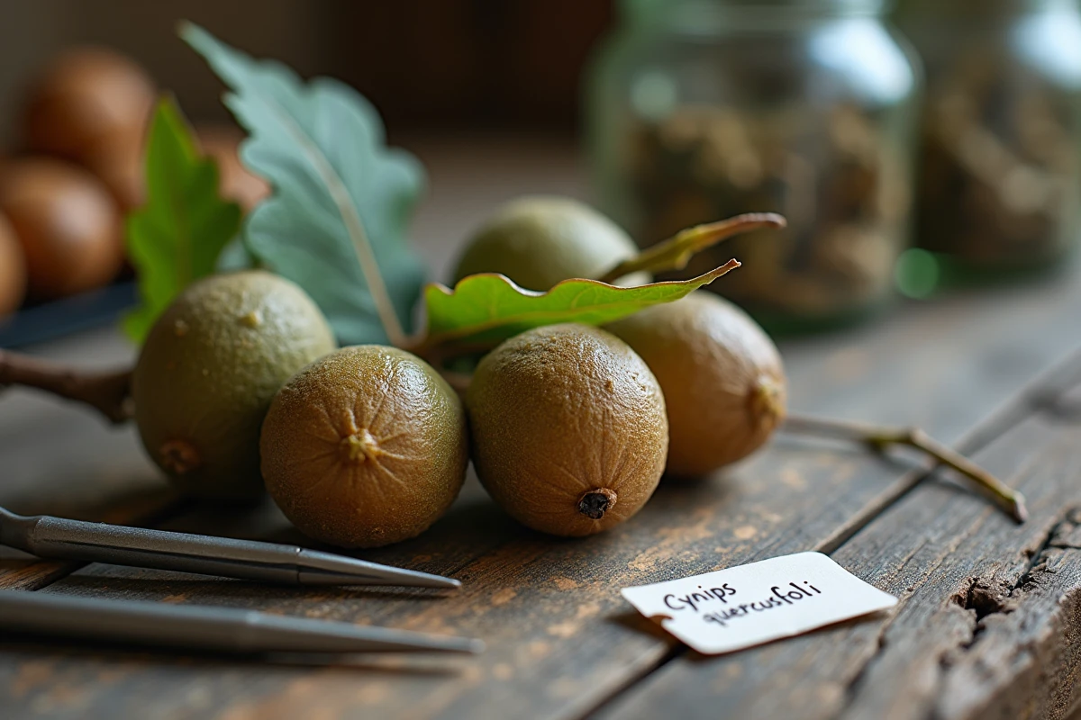 Galles de chêne en gros plan sur une branche avec feuilles, posées sur une table de laboratoire botanique avec étiquette scientifique