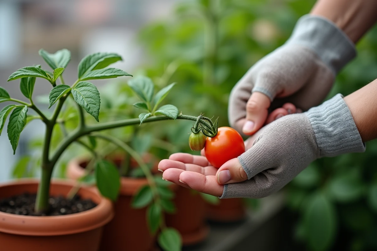 Gros plan sur des mains retirant un gourmand de tomate cerise en pot avec identification du bourgeon axillaire