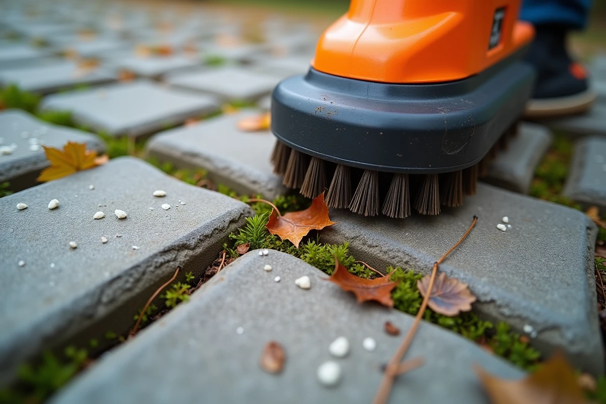 Gros plan sur des pavés autobloquants envahis par les mauvaises herbes avec un outil électrique de nettoyage des joints posé dessus