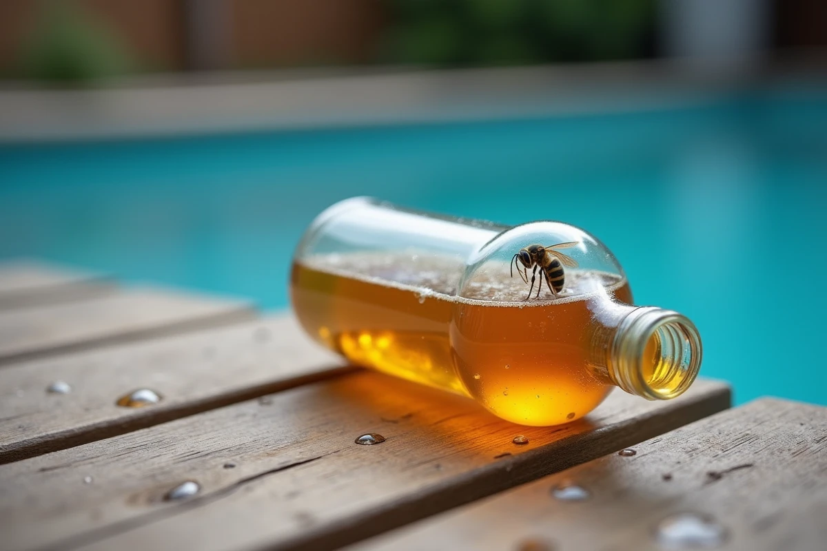 Gros plan d'un piège à frelons artisanal en bouteille plastique posé sur une terrasse en bois au bord d'une piscine avec un frelon européen