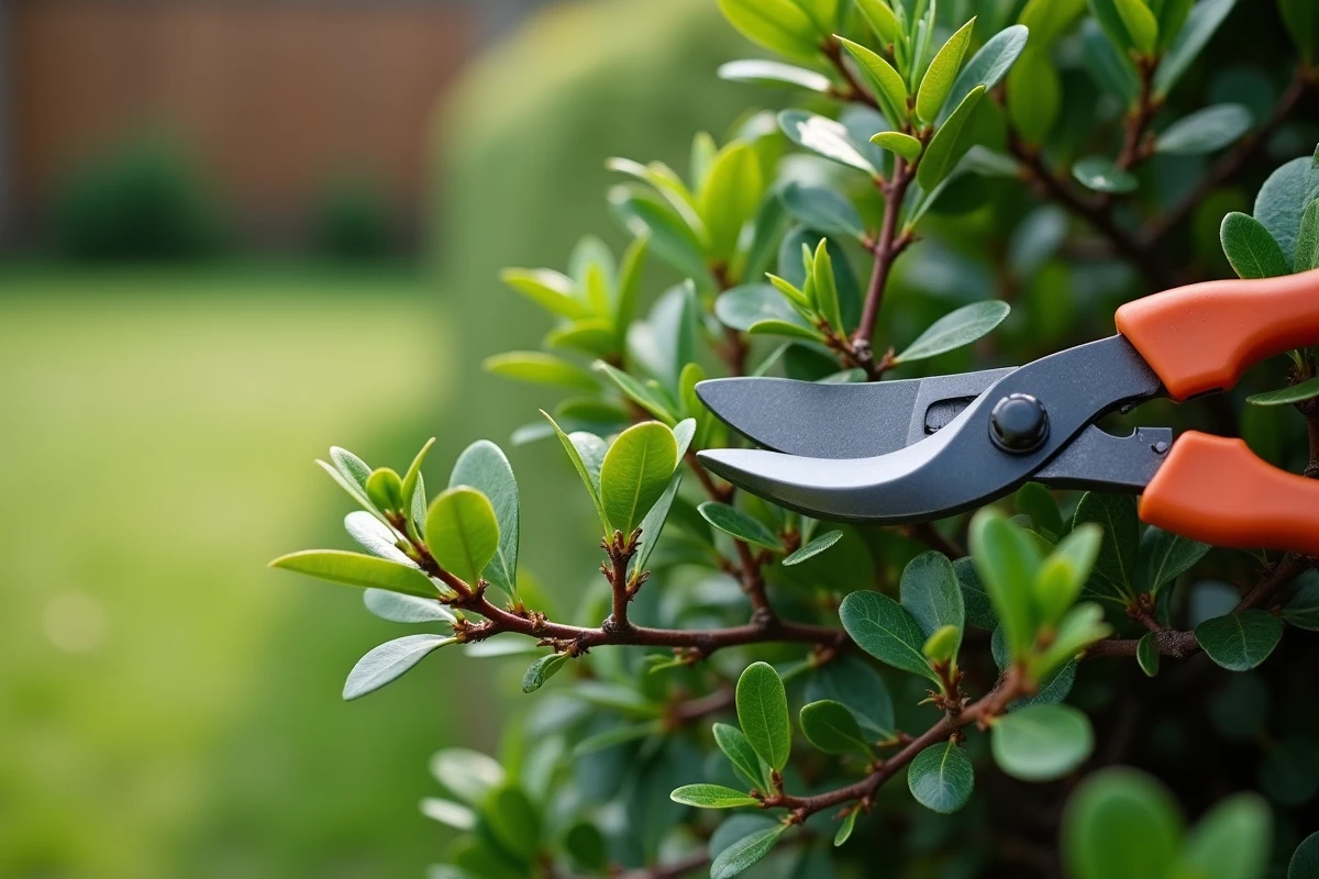Gros plan sur des branches de laurier fraîchement taillées avec un sécateur posé sur la haie