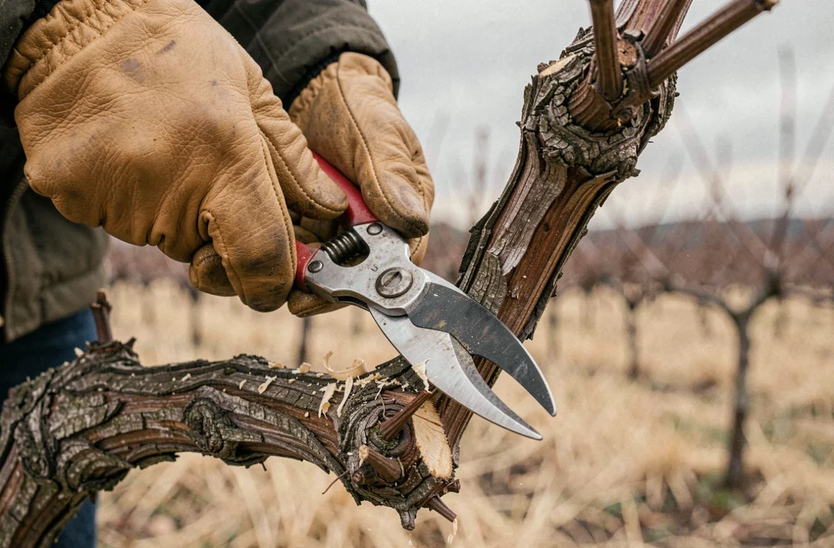 Gros plan sur des mains gantées tenant un sécateur lors de la taille précise d'un cep de vigne dormant en hiver
