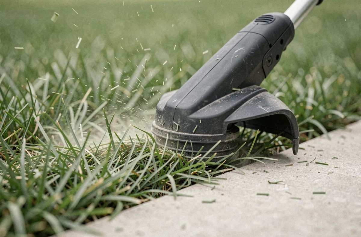 Gros plan sur la tête de coupe d'un rotofil sans fil avec brins d'herbe en suspension lors de la taille