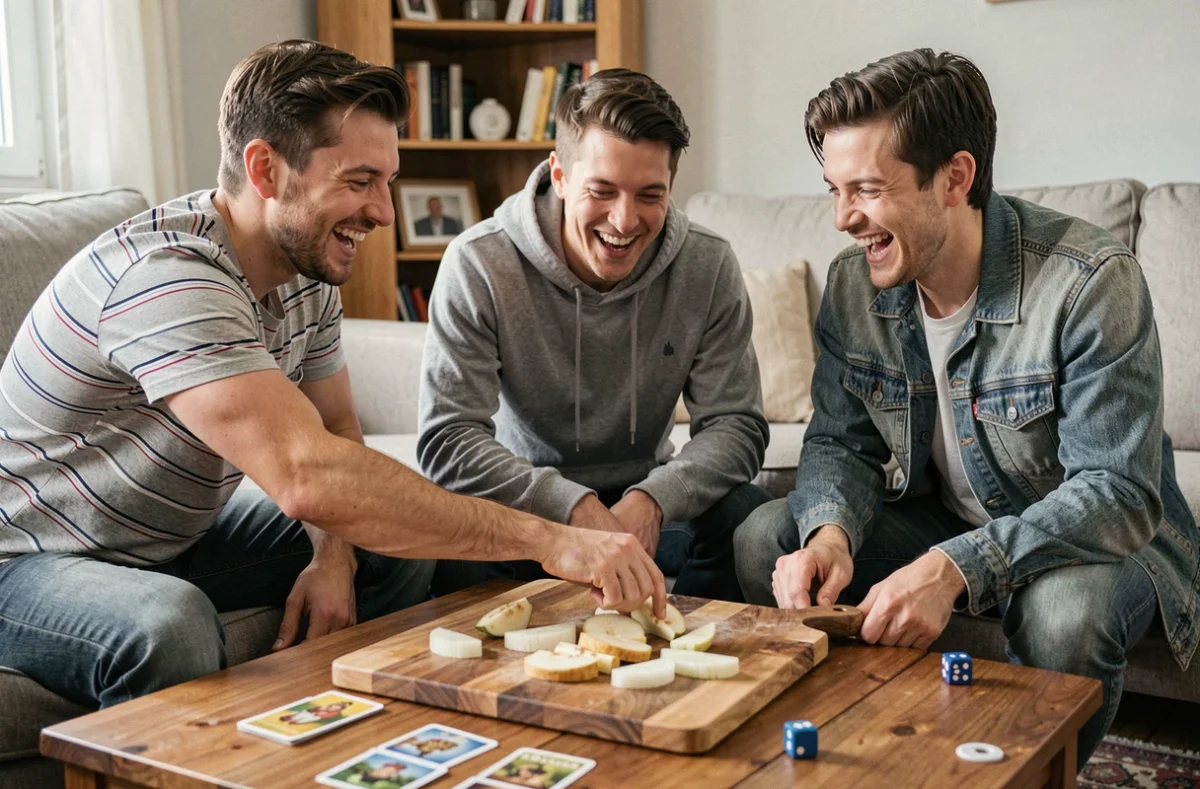 Groupe de joueurs autour d'un plateau de jeu avec des fruits en J disponibles pendant la partie