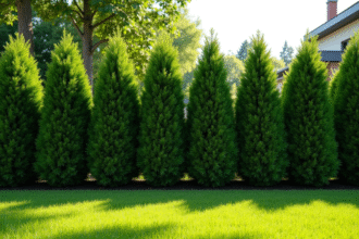 Haie de conifères dense dans un jardin moderne ensoleille