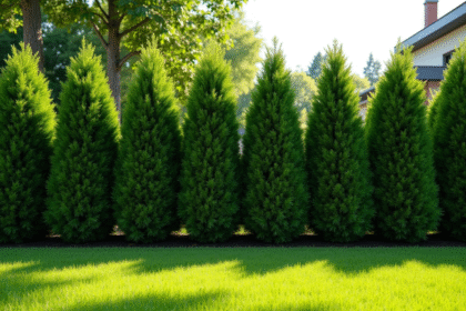 Haie de conifères dense dans un jardin moderne ensoleille