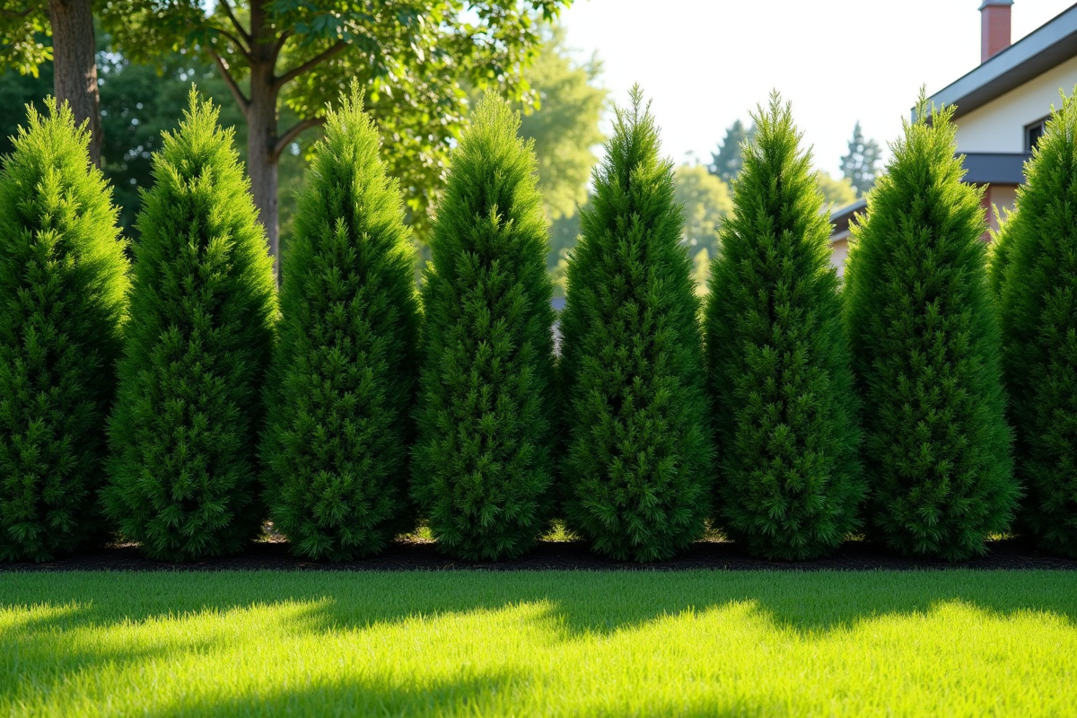 Haie de conifères dense dans un jardin moderne ensoleille