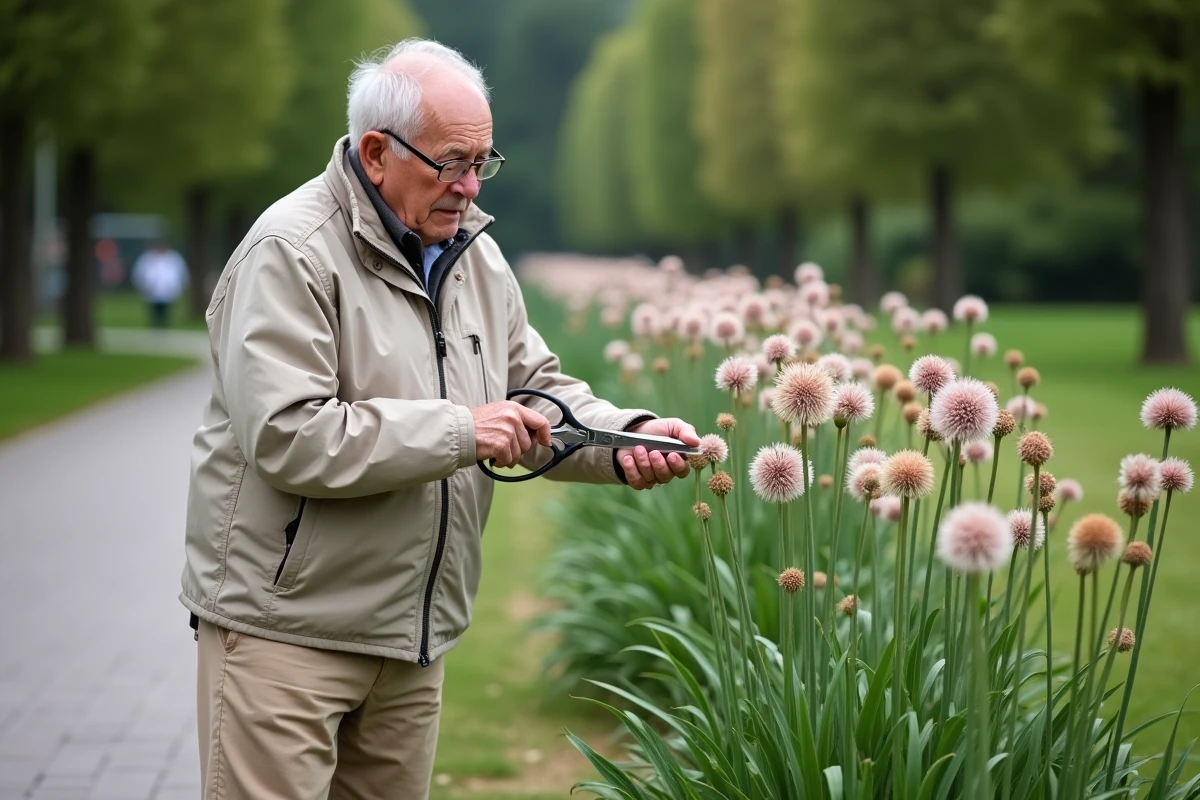 Homme âgé inspectant des alliums fanés dans un parc