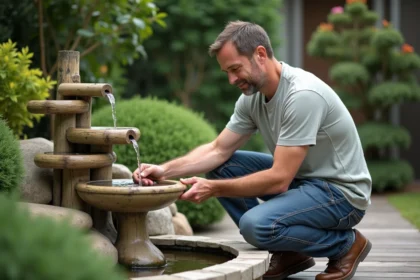 Homme en jeans assemble une fontaine en bambou dans un jardin