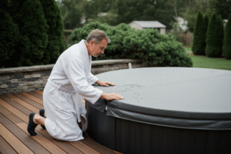 Homme en peignoir inspectant un spa extérieur moderne