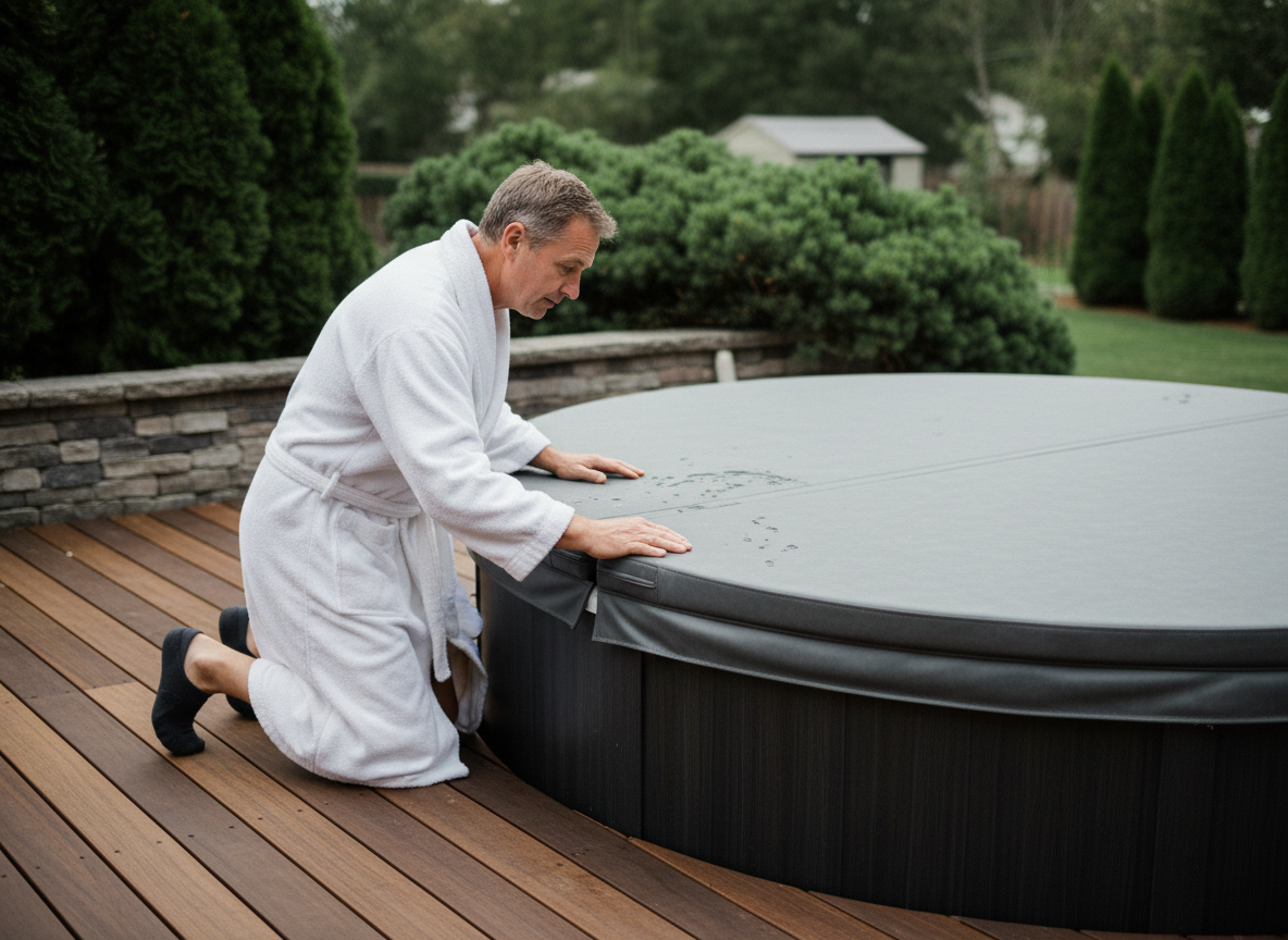 Homme en peignoir inspectant un spa extérieur moderne