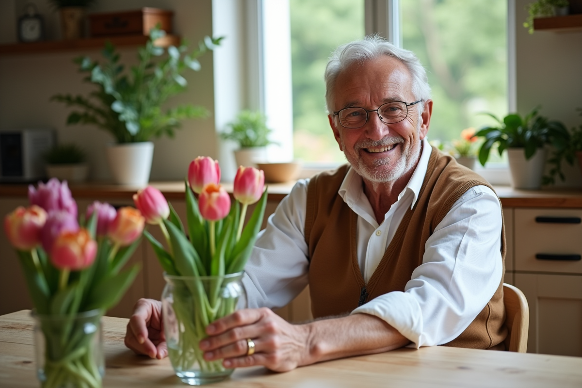 Homme âgé arrangeant tulipes et pivoines dans la cuisine