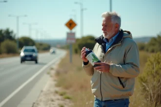 Homme examinant une bouteille d herbicide près de la frontière