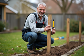 Homme en salopette posant une clôture dans le jardin