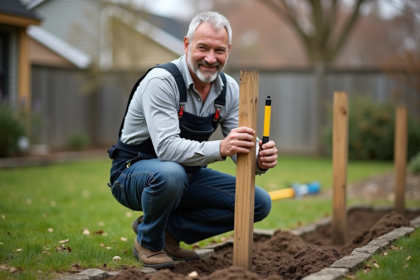Homme en salopette posant une clôture dans le jardin