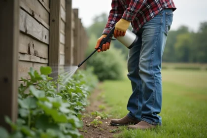 Homme en denim pulvérise herbicide dans le jardin