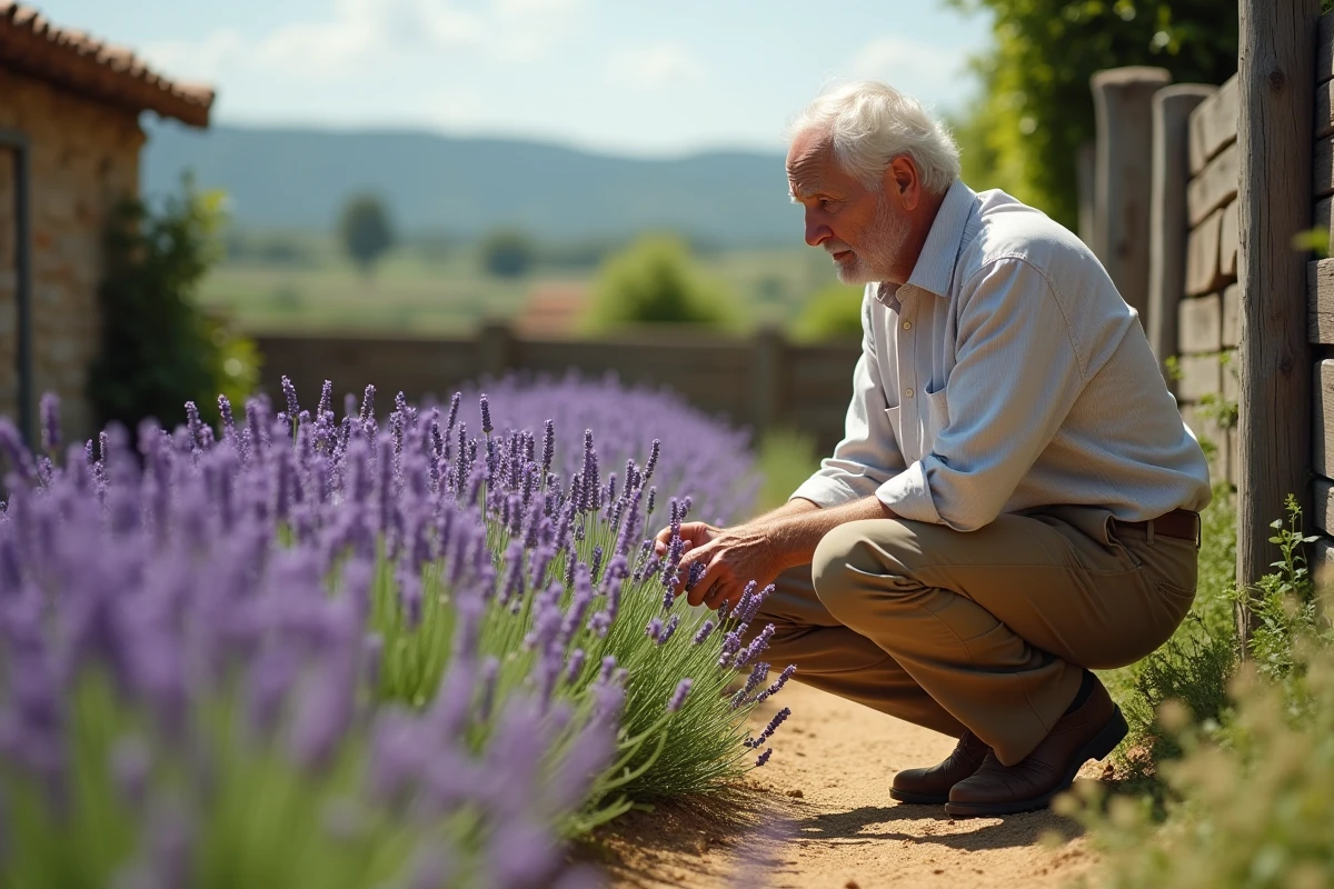 Homme âgé observant la lavande dans un jardin en plein air