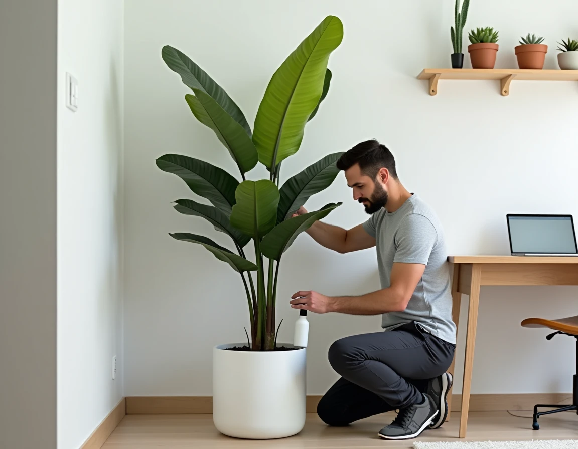Homme inspectant les feuilles d'un Ficus lyrata dans un bureau à domicile moderne pour détecter des signes de manque de soins