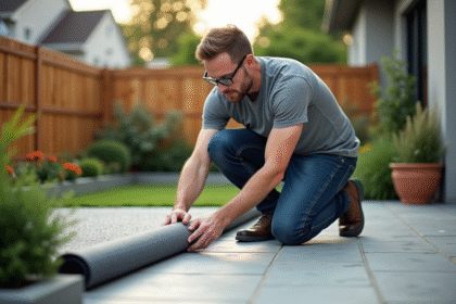 Homme en jeans et t-shirt gris posant un synthetic grand dans un jardin