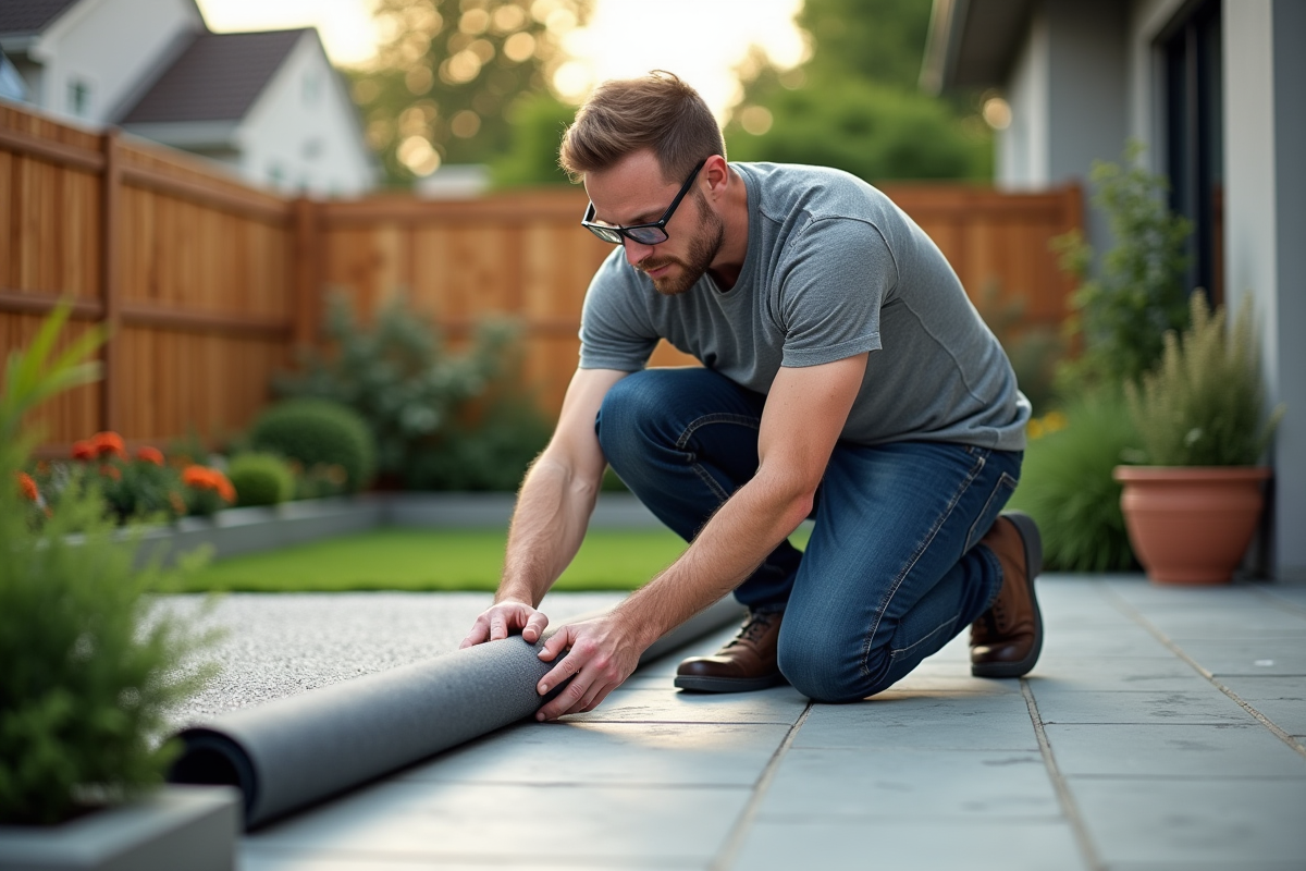 Homme en jeans et t-shirt gris posant un synthetic grand dans un jardin