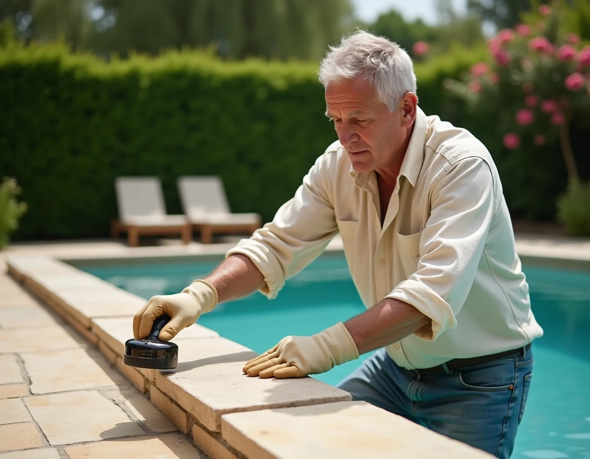 Homme installant un piège à frelons sur un muret en pierre au bord d'une piscine dans un jardin résidentiel